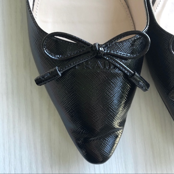 Prada Black Saffiano Leather Bow Pointed Toe Flats - Picture 5 of 8